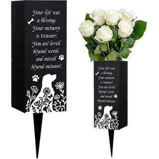 WEBEEDY Hunde Friedhofsvasen Grabvase mit Erdspieß Gedenkvasen Für Haustiere Hundeknochen Blumen Schmetterlingsmuster Schwarzer Friedhof Blumenhalter Beerdigung 8x20cm