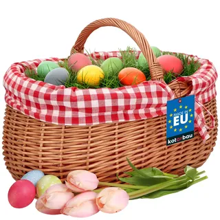 KOTARBAU® Weidenkorb mit Henkel 46x32x43 cm, Einkaufskorb geflochten Weide | Picknickkorb mit rot-weiß karierter Stoffeinlage, Korb mit Henkel, Pilzkorb, Erntekorb, Lebensmittelecht, Natürlich