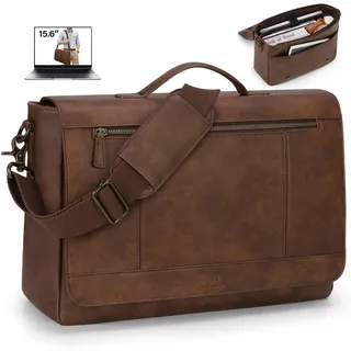 RAINSMORE Aktentasche Herren PU Leder Wasserdichte Umhängetasche Laptoptasche 15,6 Zoll Vintage Groß Arbeitstasche Messenger Bag Schultertasche für Arbeit Büro Uni Schule