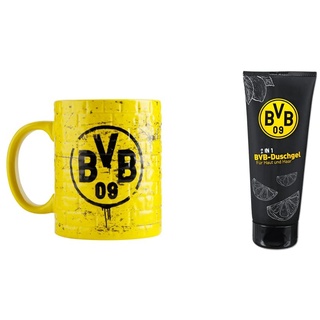 Borussia Dortmund, BVB-Tasse Gelbe Wand, Gelb, 1 Stück (1er Pack) & BVB 09 2-in-1 Duschgel, 200 ml, Schwarz