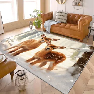 Teppich Mit REH - Teppich Wohnzimmer Schlafzimmer Kinder Waldtiere, Kleiner Teppich Babyzimmer REH, Weich Kurzflor & Waschbar & rutschfest Fussmatte Innen, Kinderteppich 50x80 cm