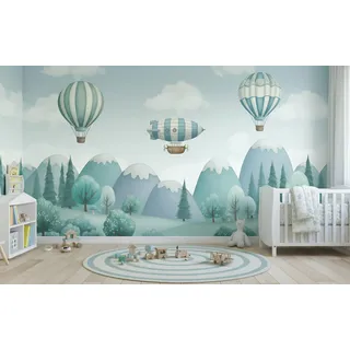 Vlies Fototapete Kinderzimmer – Berge & Heißluftballons Motiv – Hochwertige Flizelintapete, Reißfest & Atmungsaktiv – Wanddeko fürs Babyzimmer Zauberhafte Berge & Heißluftballons