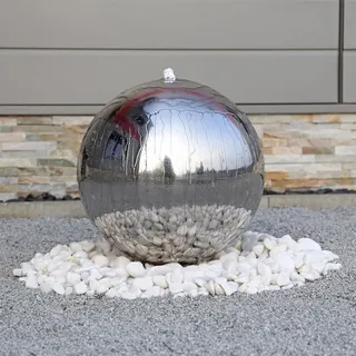 CLGarden Edelstahl Springbrunnen ESB5 poliert mit 48cm großer Edelstahlkugel Kugel Brunnen für Garten mit LED Beleuchtung - Silber
