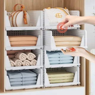 5 Stück Kleiderschrank Organizer Stapelbar, Faltbare Schrank Organizer Kleiderschrank Ordnungssystem Closet Wardrobe Organizer, Platzsparende Ordnungsboxen Schubladeneinsätze für Kleiderschränke, Weiß
