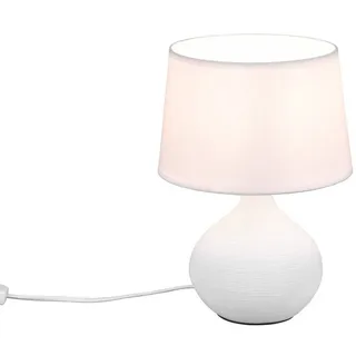 Reality Leuchten LED Nachttischlampe, Dimmfunktion, LED wechselbar, Warmweiß, Designklassiker Tischlampe mit Keramik-Fuß, Stoffschirm & Leuchtmittel weiß
