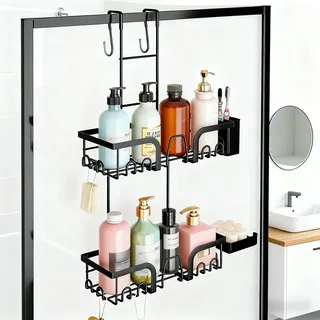Schwarz Duschablage zum Hängen, Duschablage zum Hängen für Glasduschtüren | Duschregal ohne Bohren Badezimmer Organizer Hängendes Duschregal mit 2 Körben, Rostfrei, Verstellbar für Bad/Küche