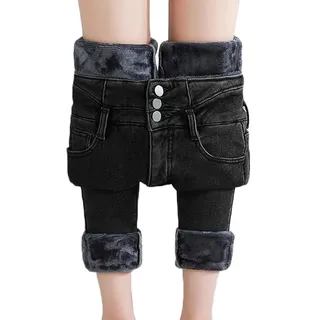 seiveini Thermo Jeans Damen Fleece Gefütterte Jeans Winter Warme Denim Leggings Baggy Jeans Hohe Taille Slim Fit Winterhose Plüsch Gefütterte Winterjeans Skinny Strumpfhosen Jeans Winter Jeggings