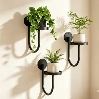 Blumenständer Wandmontage 3er, Pflanzenhalter Wand für Drinnen und Draußen | Wandregal Schwarz, Pflanzenständer, Blumentopf Wand, Wandregal Metall für Balkon,Wohnzimmer, Blumentöpfe, Terrasse und Garten