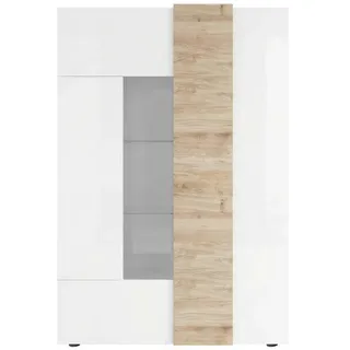 Mid.you Vitrine, Eiche, Weiß Hochglanz, Kunststoff, 8 Fächer, 121x168x44 cm, Made in Italy, stehend, Holzmöbel, Holzschränke, Vitrinen Holz, Vitrinenschränke Holz