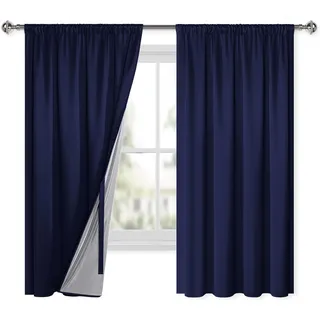 XWZO 100% Blickdichte Vorhänge Wohnzimmer, Vorhänge mit Kräuselband, Gardinen Schlafzimmer, Doppellagige Dicke Verdunklungsvorhänge Thermovorhang Kälteschutz, 175x140 cm(HxB) Dunkelblau 2er Set