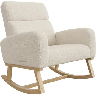 Lazyspace Schaukelstuhl Sessel Relaxsessel Schwingsessel Wohnzimmersessel, Holzsockel Schaukelsessel Mit geräuschlosem Anti Rutsch Aufkleber, 2 Seitentaschen, Lammwolle, Beige, 78 x 69 x 87 cm