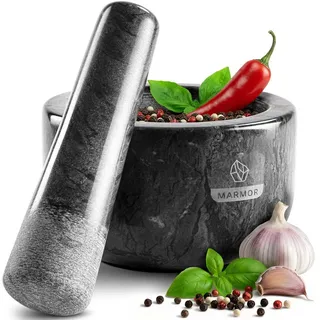 madeco Mörser Marmor Mörser mit Stößel mit Antirutsch-Pad - für Gewürze & Kräuter, (Set, 2-tlg), Ø 14 x 8,5 cm, 400 ml Füllvolumen grau