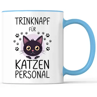 Tasse mit Spruch Katzenpersonal Trinknapf Katze Becher Katzenmama Katzenfrau Katzenpapa Katzen - lustiges Geschenk - Kaffeebecher als Geschenkidee - Kaffeetasse 330ml - Weiss-Hellblau