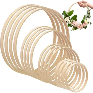 Fipfovpa 16 Stück Holzringe Zum Basteln, 4 Größen 10/15/20/26cm Traumfänger Makramee Ringe, Bambus Holz Ringe für DIY Traumfänger, Hochzeitskranz Dekor und Wandbehang Handwerk