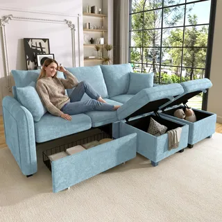 Merax Multifunktionales Ecksofa U-Form mit Stauraum, 3-Sitzer Polster-Sofa mit 2 Schubladen & Hocker mit Staufach, modular zerlegbar mit Schlaffunktion, Chenille-Bezug, Blau