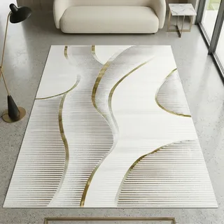 CARPETIA Teppich Linienmuster Creme Gold mit Glanzeffekt 120x170 cm | Weich, pflegeleicht, schmutzabweisend und formstabil, seitlich gekettelt, OEKO-TEX geprüft, für Fußbodenheizung