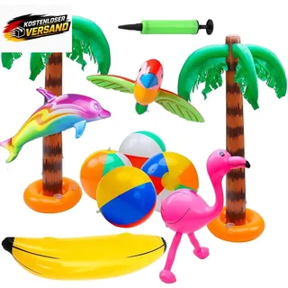 Aufblasbares Strandset für Hawaii Party mit Palmen Flamingos Bälle & Dekor