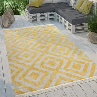 Paco Home Moderner Outdoor Teppich Geometrisches Rauten-Muster im Vintage-Look Flachgewebe Wetterfest & Pflegeleicht für Garten, Terrasse & Balkon, Grösse:160 cm Rund, Farbe:Gelb-Weiß