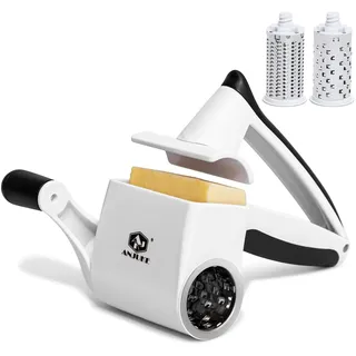 ANJUKE Parmesanreibe, Classic Käsereibe mit Kurbel, 2-in-1 Rotierende Rotary Käsereibe mit 2 Edelstahltrommel für müheloses Reiben von Hartkäse, Schokolade, Nüssen und vielem mehr. Spülmaschinenfest