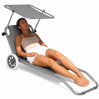 SPRINGOS Gartenliege mit Dach, Sonnenliege und Strandliege bis 120 kg | Rückenlehne 5-fach verstellbar, Kopfstütze und 2 Räder, mobile Outdoor-Liege für Garten, Terrasse, Balkon, Camping & Urlaub