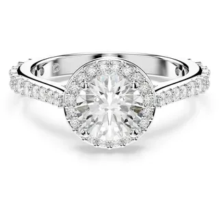 Swarovski Una Angelic Ring, Weißer Damenring mit Silberfarbenem Finish und Brillantem, Klarem Element im Rundschliff, Eingefasst mit Pavé im Zentrum des Cocktailrings, Größe: 58