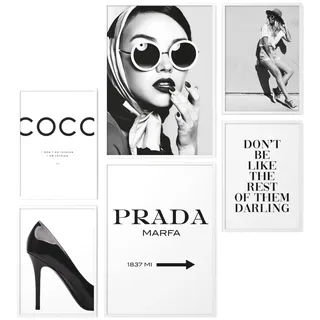 Papierschmiede® Mood Poster Set Coco Schwarz-Weiß, Bilder Wohnzimmer Deko Schlafzimmer, 2x 30x40 cm und 4x 21x30 cm, Glamour - ohne Rahmen