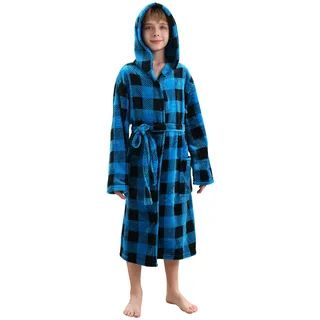 V.&GRIN Jungen-Fleece-Bademantel, weicher Fuzzy-Bademantel mit Kapuze für Kleinkinder für Kinder von 3–14 Jahren (blau kariert 5–6 - 5-6 Jahre