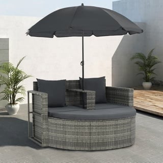 Duolm 2-Sitzer-Gartensofa mit Auflagen und Sonnenschirm Grau Poly Rattan