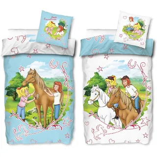BERONAGE Bibi und Tina Kinder-Bettwäsche Sternenzauber Blau 135 x 200 + 80 x 80 cm 100% Baumwolle Biber-Flanell-Qualität Blocksberg Pferde-Bettwäsche Sabrina Amadeus Martinshof mit Reißverschluss