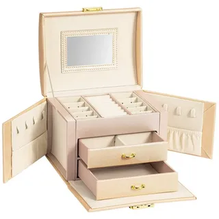 AdelDream Schmuckkasten Mini-Schmuckkästchen, 3 Ebenen, 2 Schubladen, 3 Farben, mit Spiegel, viel Stauraum rosa
