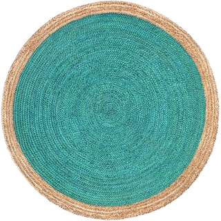 Green Decore Handgefertigte geflochtene runde Naturfaser Jute Teppich, Natur (180 cm Durchmesser, Oculus Turquoise)