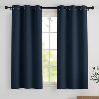 PONY DANCE Verdunklungsvorhänge Kurz Ösenvorhang 2er Set H150 x B90 cm | Dunkelblau, Thermovorhang Hitzeschutz, für Kleine Fenster, Blickdicht, Scheibengardinen, Sichtschutz, für Kinderzimmer