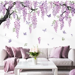 wondever Wandtattoo Hängende Blumen Lila Groß Wandsticker Blumen Baum Ast | Abziehen und Aufkleben, Abziehbar, Wandaufkleber Selbstklebend für Schlafzimmer Wohnzimmer Flur Sofa Hintergrund Wanddeko