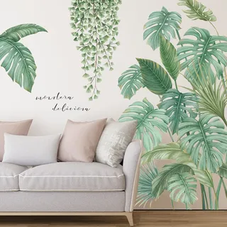 Rairsky Tropische Blätter Wandtattoo Pflanzen Grün Wandaufkleber Wohnzimmer | Wandsticker Grünpflanzen, Fensteraufkleber Fensterbilder Sommer Selbstklebend Wanddeko Baum Modern Wandposter Palme