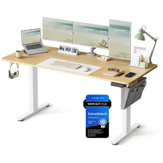 Songmics Höhenverstellbarer Schreibtisch 160 x 70 cm Natureichenfarben/Mattweiß
