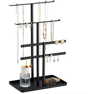 Schwarz Schmuck Organizers, Schmuckständer 32cm Groß, 4 Ebenen Robust Schmuckaufbewahrung Reise, Schmuckschrank Organizer für Halskette, Armband, Parfüm und Ohrringe, Deko Aesthetic Accessoires