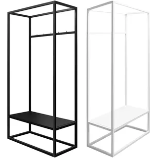 Natural Goods Berlin Kleiderständer QUADER - Garderobenständer Weiß 160 x 80 cm Garderobe mit Schuhschrank - Kleiner Kleiderschrank Metall - Schwerlast Kleiderständer mit Kleiderhaken freistehend