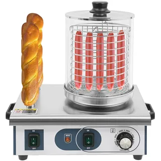 TESUGN Hot Dog Maker, 550W Edelstahl Bockwurstwärmer, Würstchenwärmer Hot Dog Gerät, 50-300°C Einstellbarer Temperatur, 6L Bockwurstwärmer mit 2 Heizspießen für Restaurants Snackbars Schnellimbisswagen