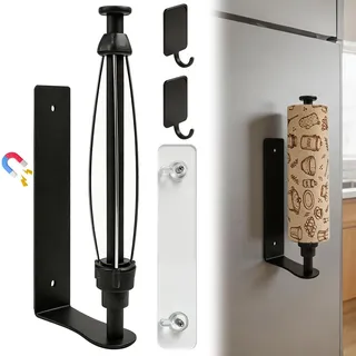 Pengrud Magnetischer Küchenrollenhalter mit Dämpfungseffekt ohne Bohren | Edelstahl 3er Set Schwarz mit 2 Magnet-Haken & Klebestreifen für Kühlschrank, Camping, Wohnmobil, Werkstatt, Folien & Papier