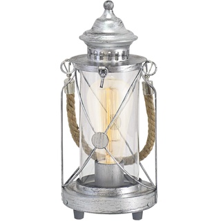 EGLO Tischlampe Bradford, 1 flammige Vintage Tischleuchte, Laterne, Nachttischlampe aus Stahl, Farbe: Silber antik, Glas: klar, Fassung: E27, inkl. Schalter