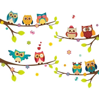 LOSOO Wandtattoo Süsse Eulen Auf Ästen,BAU AST Blumen Vogel Schmetterlinge Zweig - Wandsticker Fenster Aufkleber Deko Babyzimmer Kinderzimmer Gross