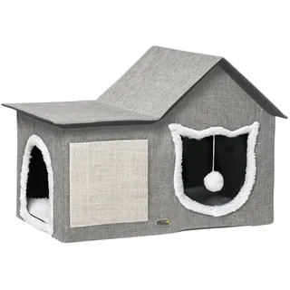 PawHut Katzenhöhle Katzenbett mit waschbarem Kissen, Kratzmatte, Spielball, Doppeltüren, Katzenhaus für Katzen bis 5 kg, für Indoor, 65 x 41 x 45,5 cm Grau