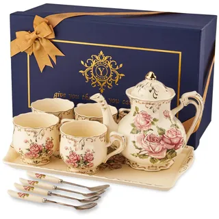YOLIFE Vintage rosa Rose Blume Tee-Set, Porzellan-Teeservice-Set für englischen Nachmittagstee oder Kaffee, Geschenk für Erwachsene
