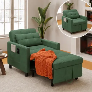 Xbro Schlafsessel mit Bettfunktion, Schlafsofa 3-in-1 ausziehbar, Verstellbarer Sessel mit Schlaffunktion, Einzelsessel mit Kissen, 2 Seitentaschen und Rollen, für kleine Wohnung, Grün