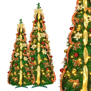 Aufun 150 cm Pop Up Spiral Weihnachtsbaum mit 100 LED Tannenbaum Künstlich | Zusammenklappbarer Christbaum Mit Weihnachtskugeln, Sternspitze, Weihnachtsdeko für Haus, Geschäft (Rot+Gold)
