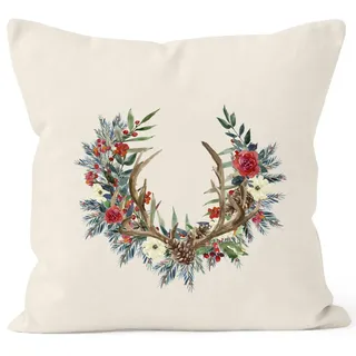 Autiga Kissenbezug Weihnachten Weihnachtskranz Geweih Hirschgeweih Blumen Gesteck Kranz Misteln Natur 40cm x 40cm