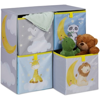 Relaxdays Kinderregal mit 4 Boxen, HBT: 59,5 x 60,5 x 30 cm, Aufbewahrungsregal fürs Kinderzimmer, Spielzeugregal, bunt