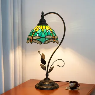 Blivuself Tiffany Tischlampe Libelle Grün Buntglas Lampe Tiffany Stil S Blätter Vintage Schreibtisch Licht für Nachttisch Wohnzimmer Büro Schlafsaal Esszimmer