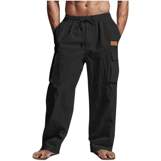 CSHE Jogginghose Herren Sommer Leinenhose Leicht Freizeithose Bequem Atmungsaktive Sporthose Einfarbige Leinen Hose mit Taschen Elastischer Weite Bein Cargohose - M