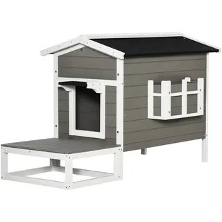 Katzenhaus Aus Holz Winterfest Wasserdicht Katzenhütte Mit Asphaltdach  Terrasse Katzenhöhle Katzenkiste Outdoor Schutzhütte Für Draußen Garten Balkon 115 X 66,5 X 74,7 Cm Grau+weiß